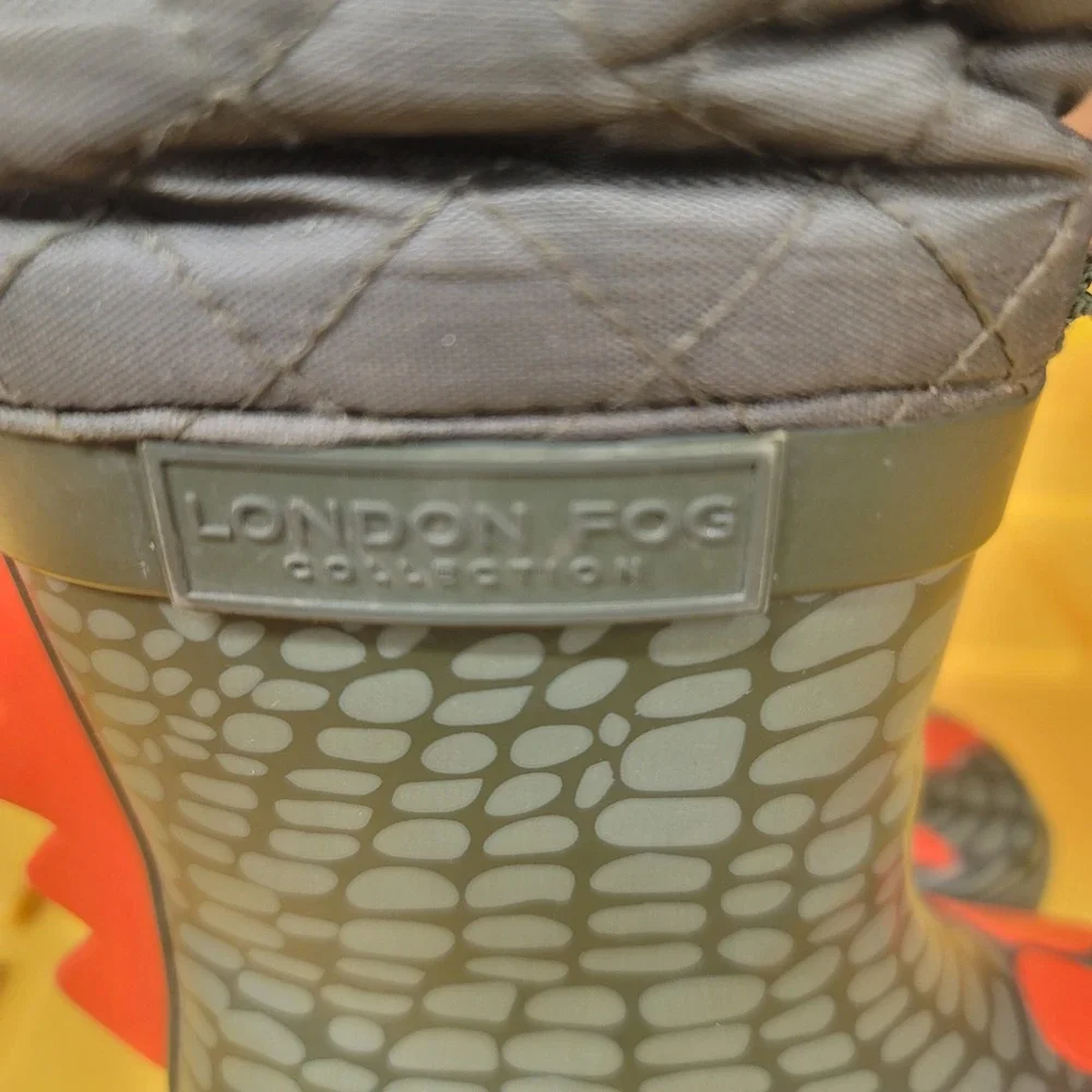 London Fog Kids Green Dinosaur Rain Boots Orange Spikes Size 7 Toddler‎